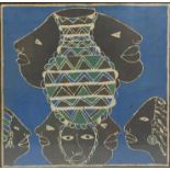 Large abstract batik printed picture of African heads, framed and glazed, 90cm x 90cm including