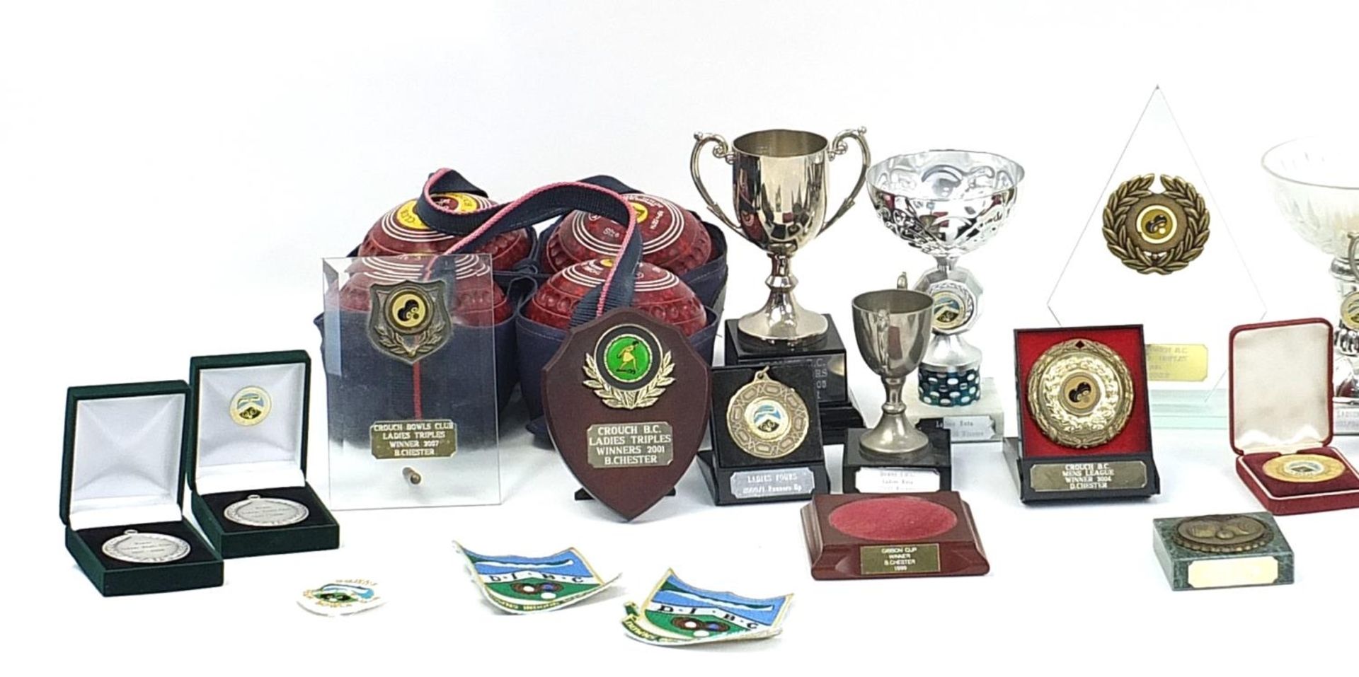 Collection of bowling trophies and a set of Thomas Taylor size 3 bowls - Image 2 of 4