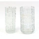 Retro bark design glass vase together with a retro circular glass vase, each 20cm high