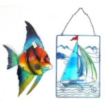 Stylish colourful glass fish metal wall hanging and a similar sailing boat metal wall hanging, the