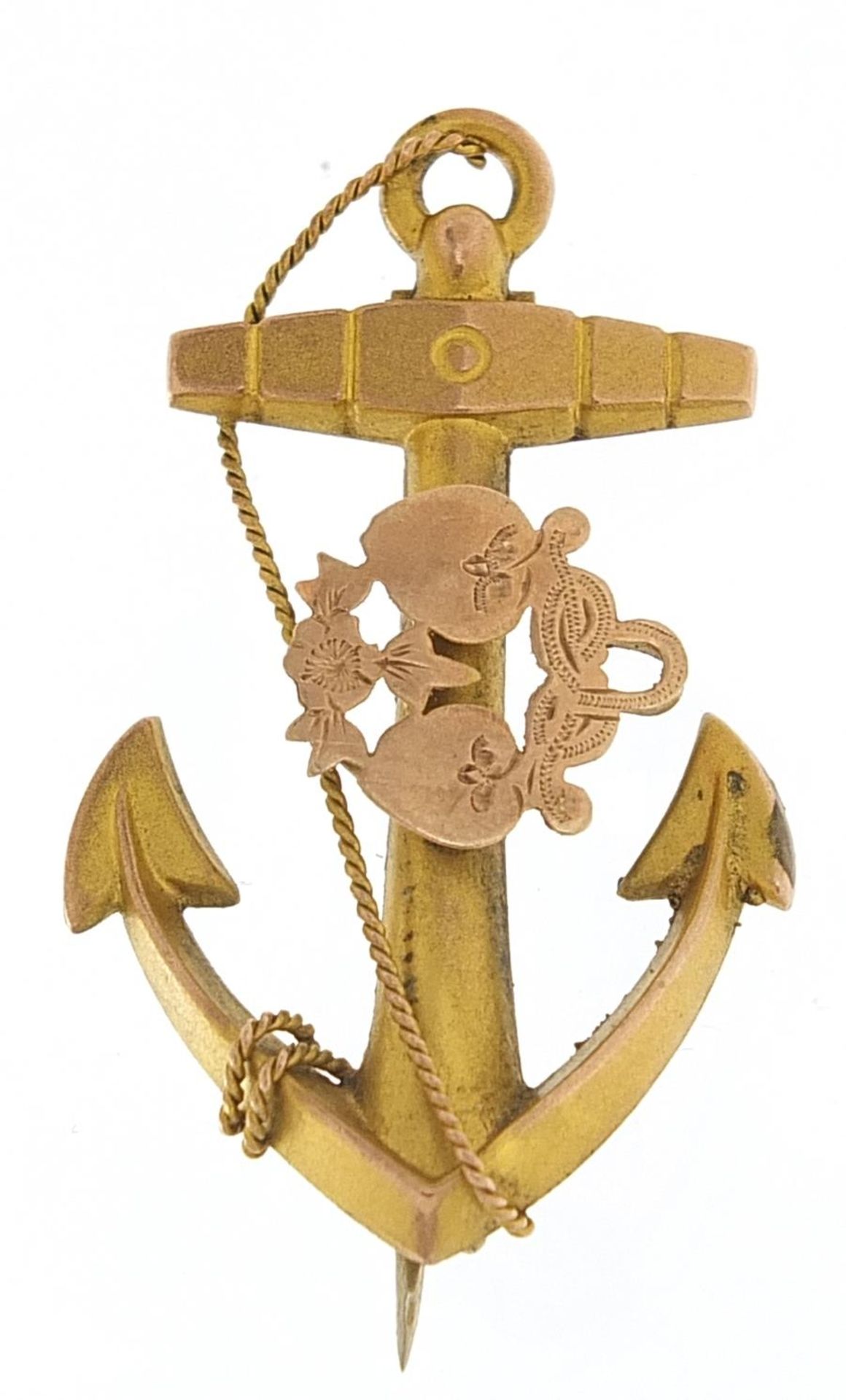 9ct gold love heart anchor brooch, 4.8cm high, 2.6g
