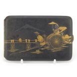 Japanese damascene cigarette case decorated with a figure pulling a rickshaw before Mount Fuji, 12cm