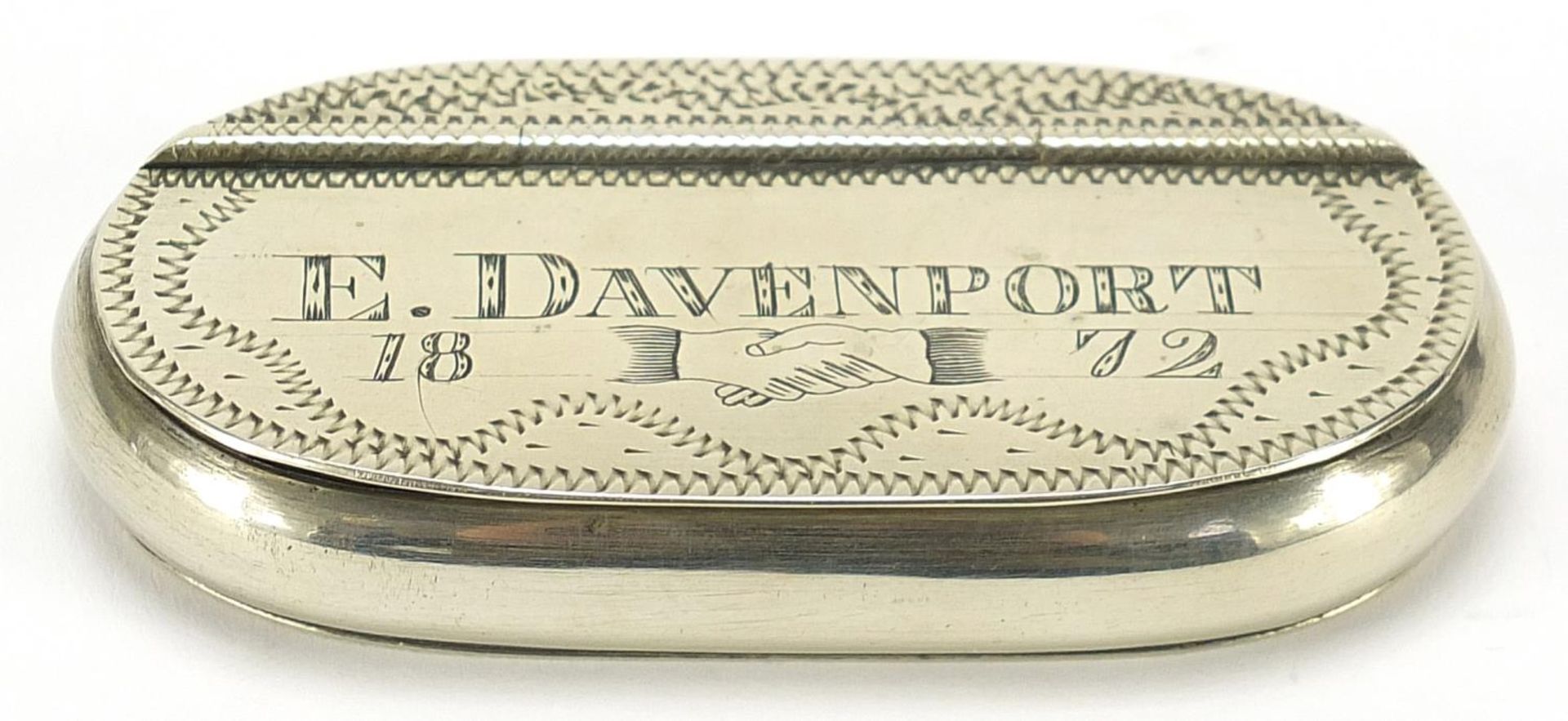 Victorian white metal snuff box engraved E Davenport 1872, 8cm wide