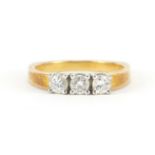 18ct gold diamond three stone ring, size L, 3.8g