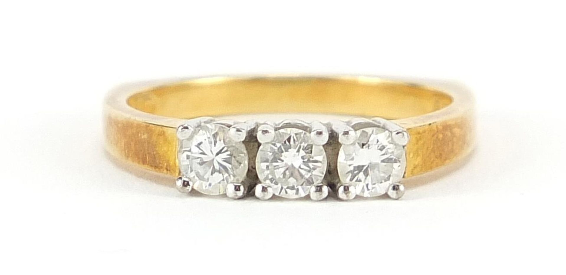 18ct gold diamond three stone ring, size L, 3.8g