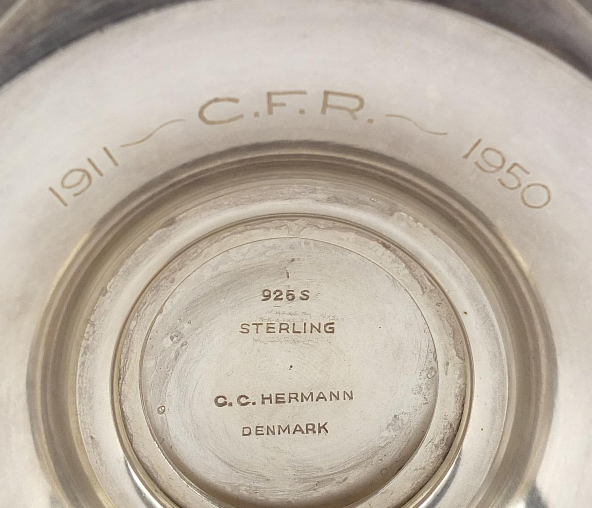 C C Hermann, pair of Danish 925S sterling silver five branch candelabras retailed by Long's - Bild 4 aus 5