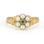 Victorian unmarked gold emerald and pearl flower head mourning ring, size O, 2.1g