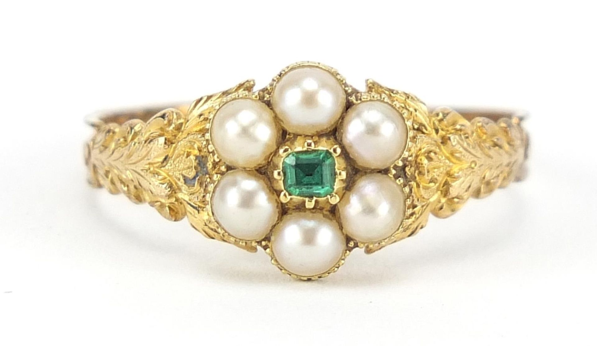 Victorian unmarked gold emerald and pearl flower head mourning ring, size O, 2.1g