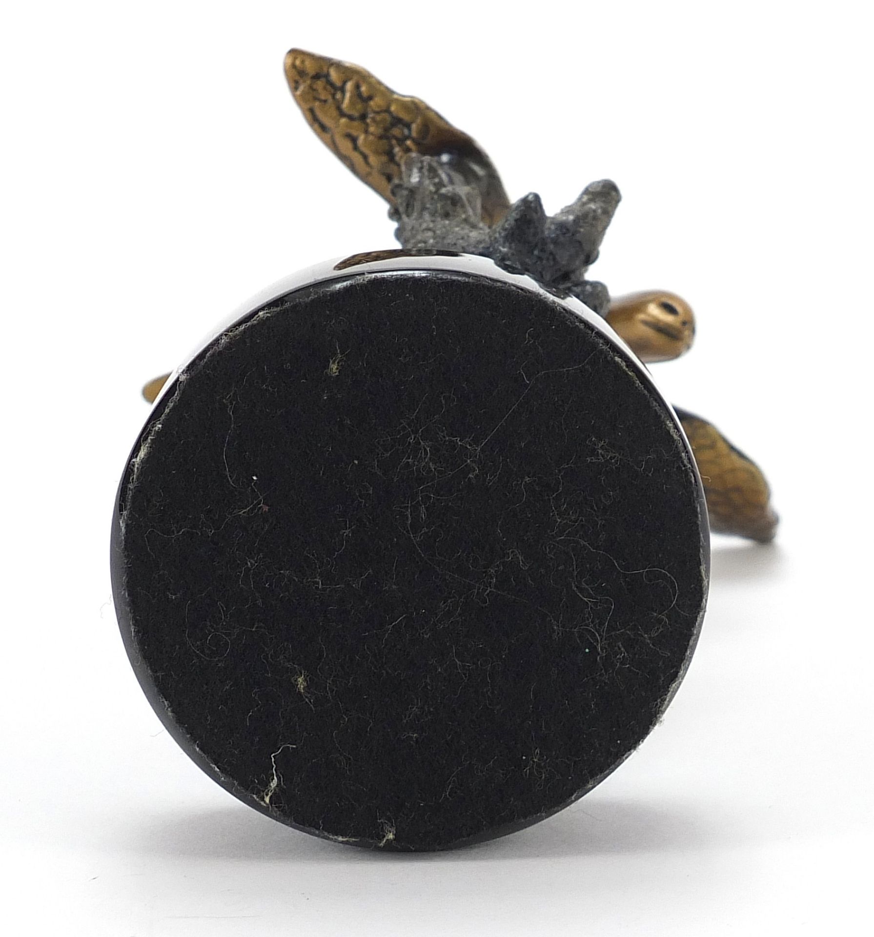 Contemporary lacquered bronze study of a sea turtle raised on a black slate base, indistinctly - Image 4 of 4