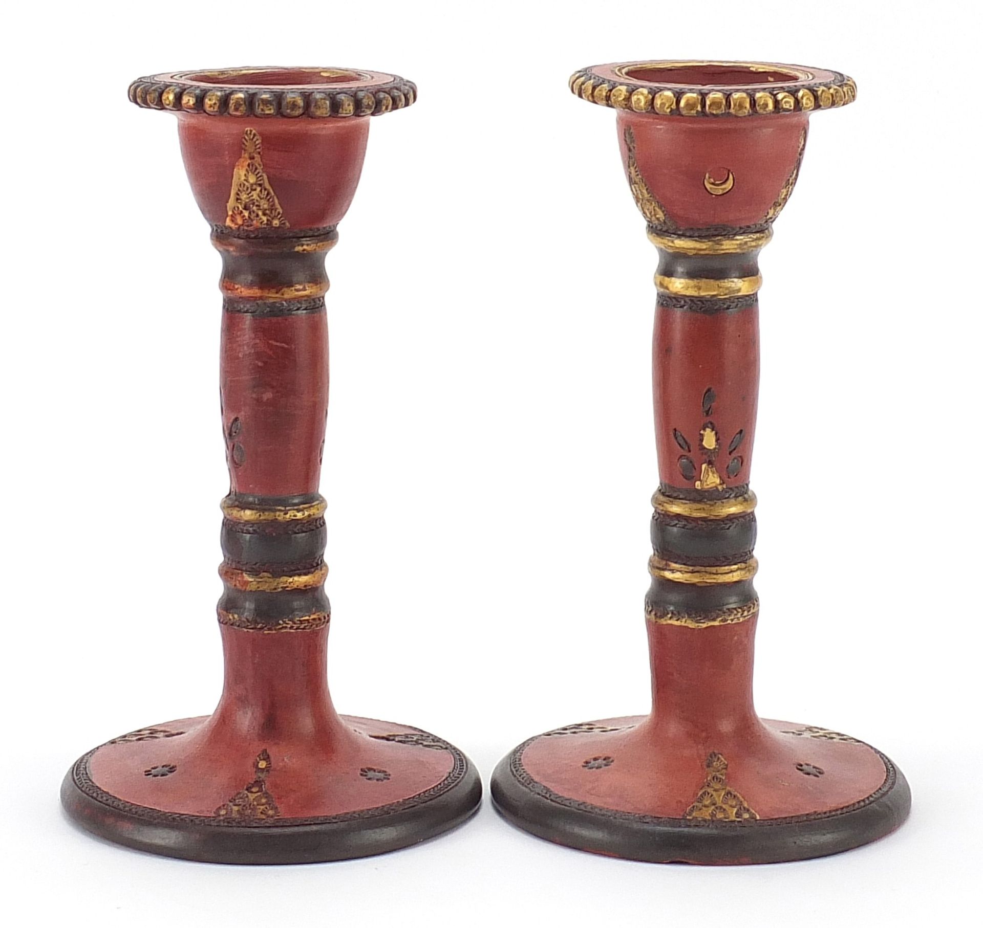 Pair of Turkish Tophane pottery candlesticks, each 18cm high
