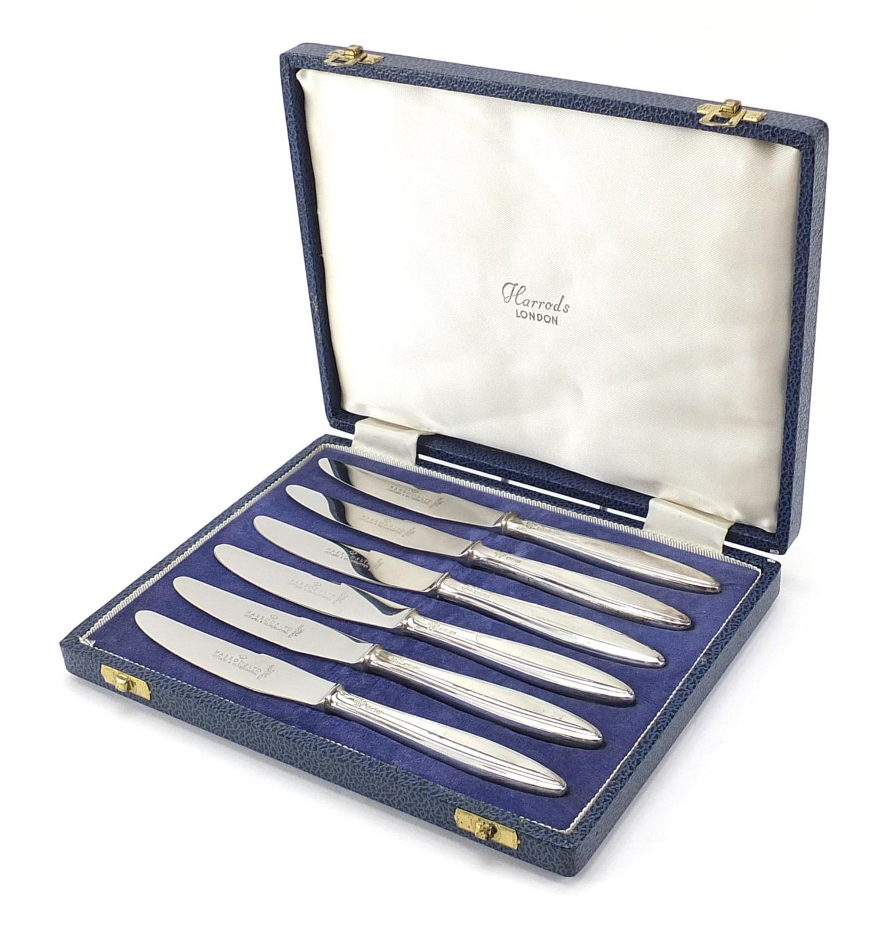 Harrods Ltd Cutlers and Silversmiths, set of six silver handled knives with stainless steel blades
