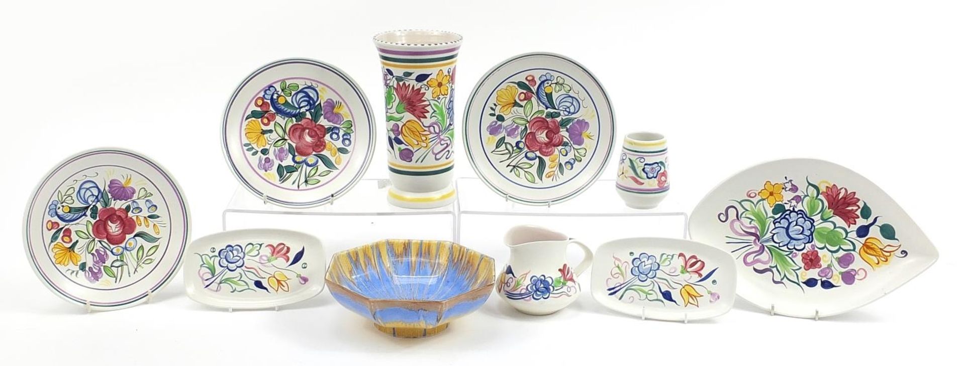 Poole pottery and a Shelley drip ware bowl including a vase and dishes, the largest 22cm high