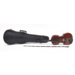 Hardwood violin with bow and case bearing a Maidstone paper label, the violin back 14 inches in