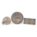 Silver items comprising pierced and embossed bonbon dish, shell shaped dish and rectangular tray