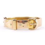 18ct gold belt buckle design bangle set with clear stones, 6cm wide, 16.5g