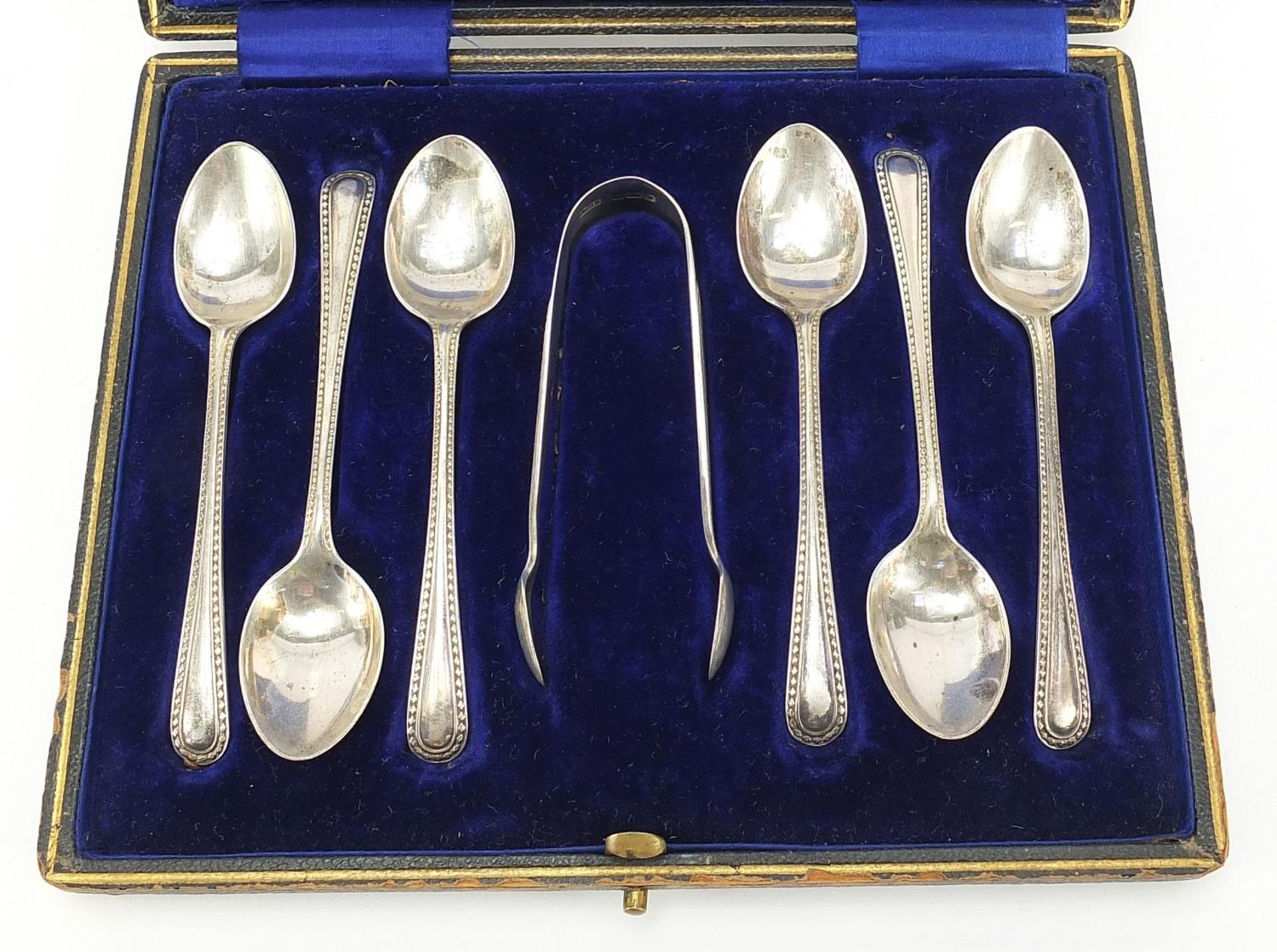 Henry Williamson Ltd, set of six Edwardian silver teaspoons and sugar tongs housed in a fitted case, - Image 2 of 6
