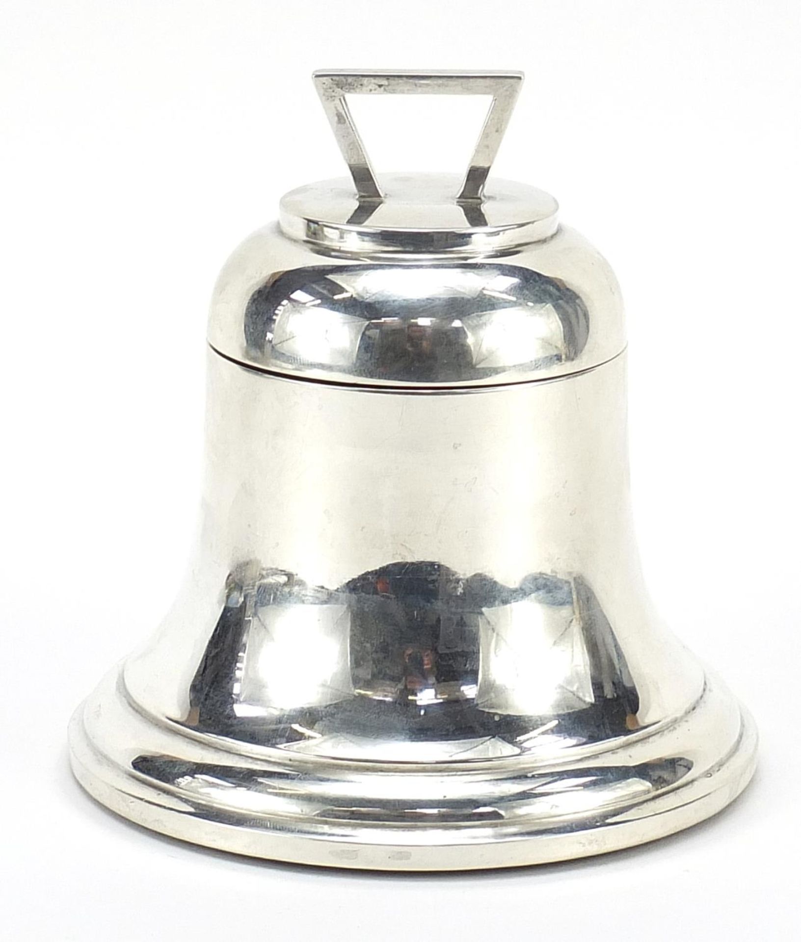 Silver inkwell with hinged lid in the form of a ship's bell, indistinct maker's mark Birmingham