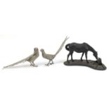 Bronzed study of a horse and foal and two silver plated pheasants, 37cm wide