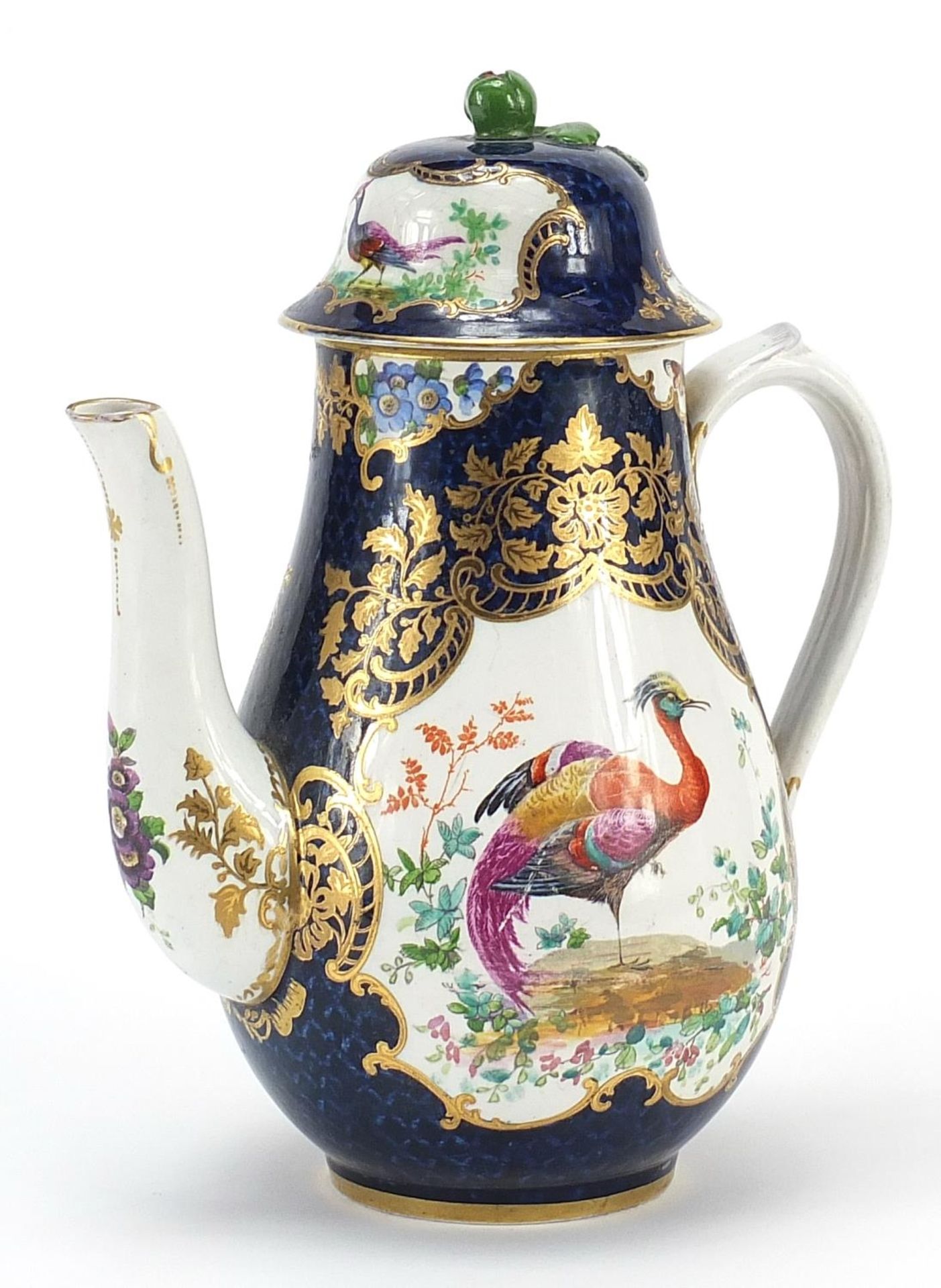 19th century coffee pot in the style of Worcester, decorated with a bird of paradise and flowers,