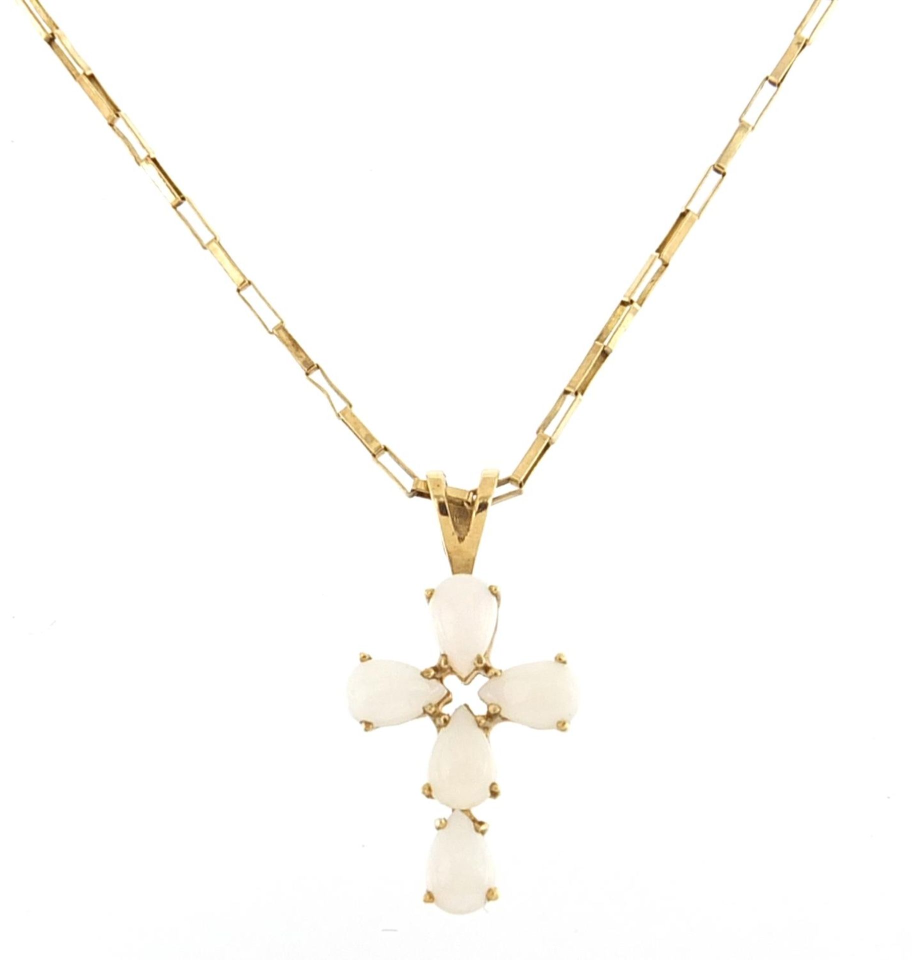 9ct gold opal cross pendant on a 9ct gold necklace, 2.6cm high and 47cm in length, 3.3g