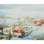 D Jenkinson - Harbour scene with moored boats and swans, British watercolour, mounted, framed and