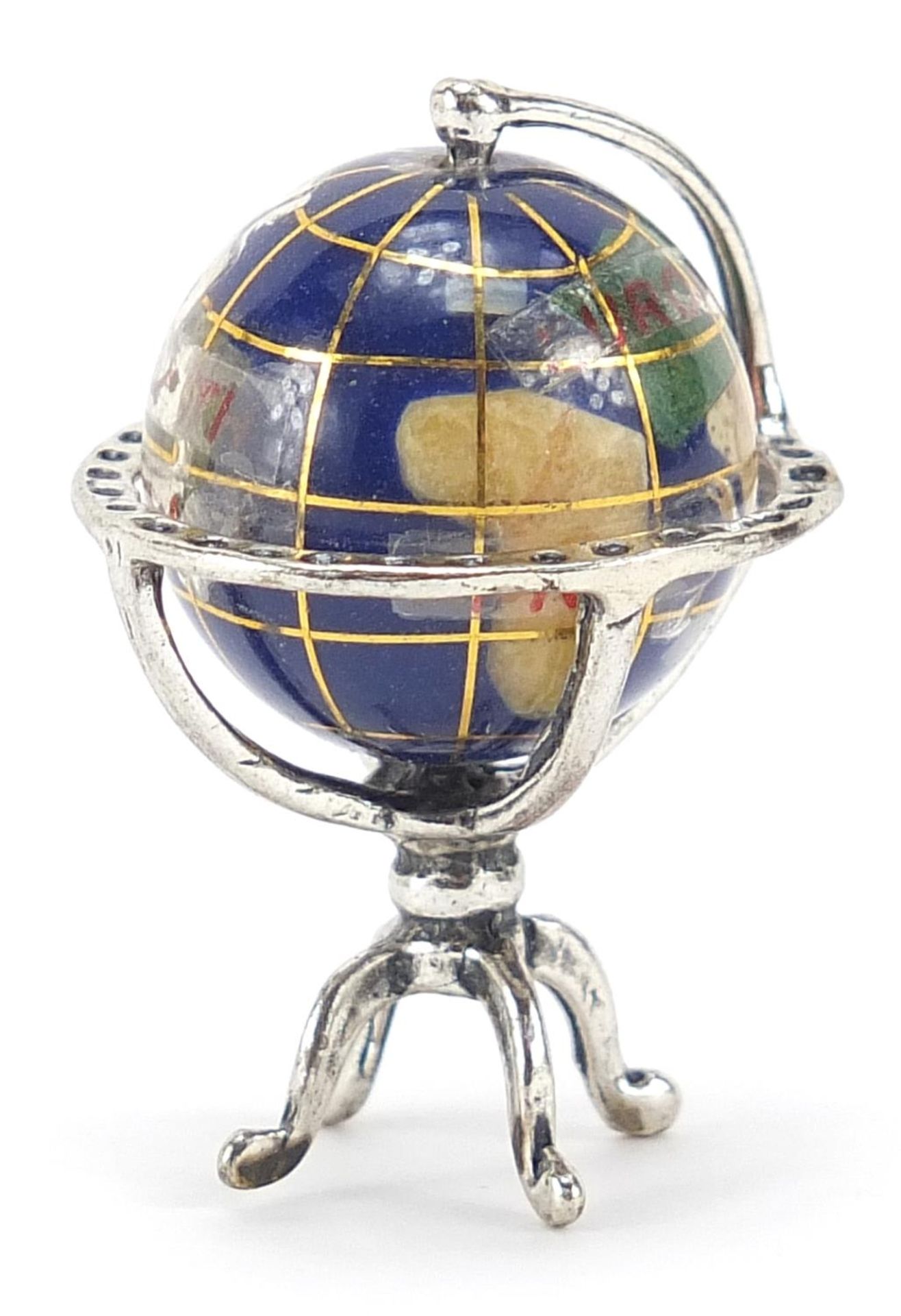 Miniature silver and semi precious stone table globe, 3.5cm high, 11.5g