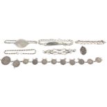 Silver jewellery including identity bracelets, Indian rupee coin bracelet and oval locket, 97.8g