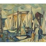 Stylised boats and figures, Modern British oil on board, mounted and framed, 53cm x 44cm excluding