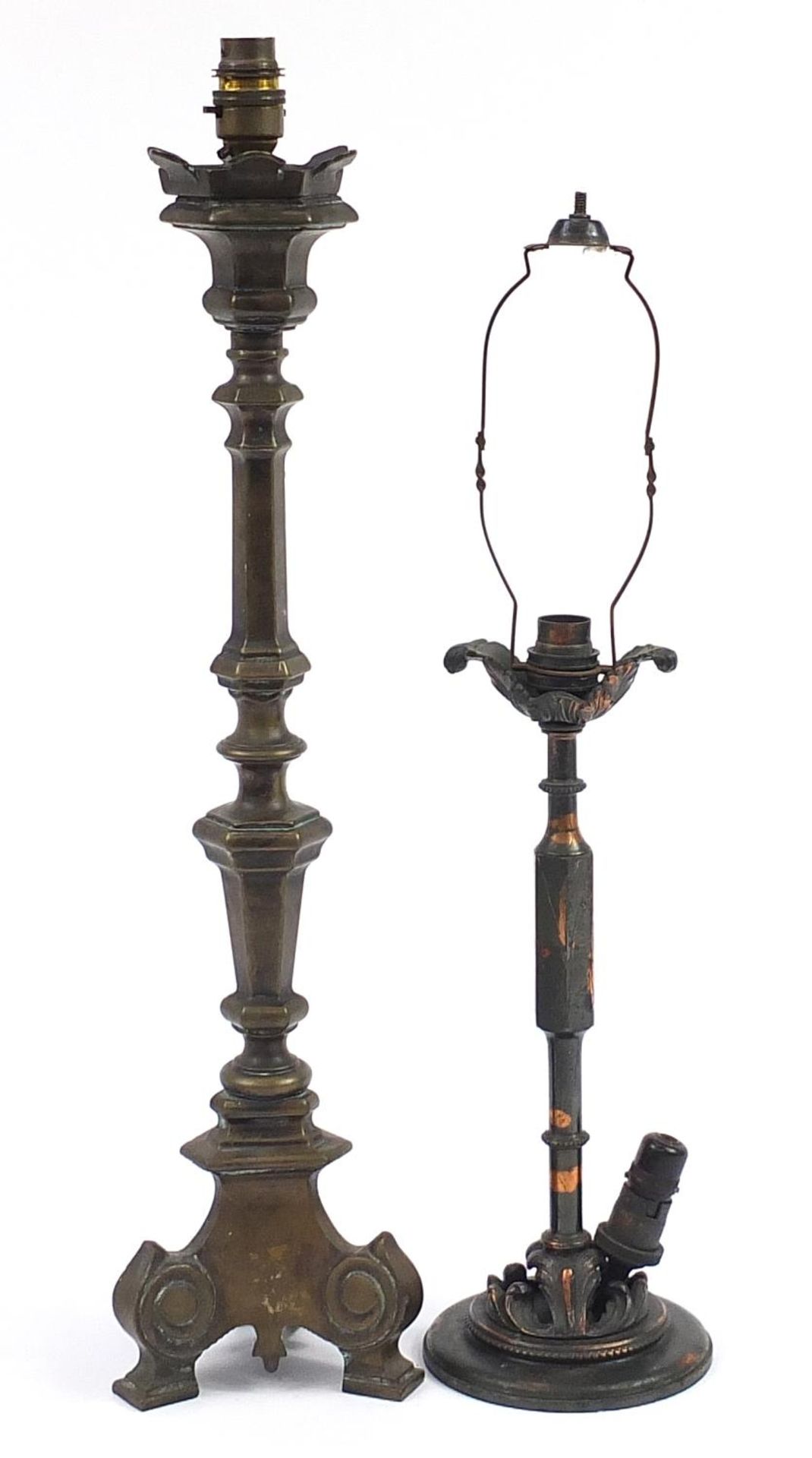 Patinated bronze candlestick converted to a table lamp and one other, the largest 61cm high