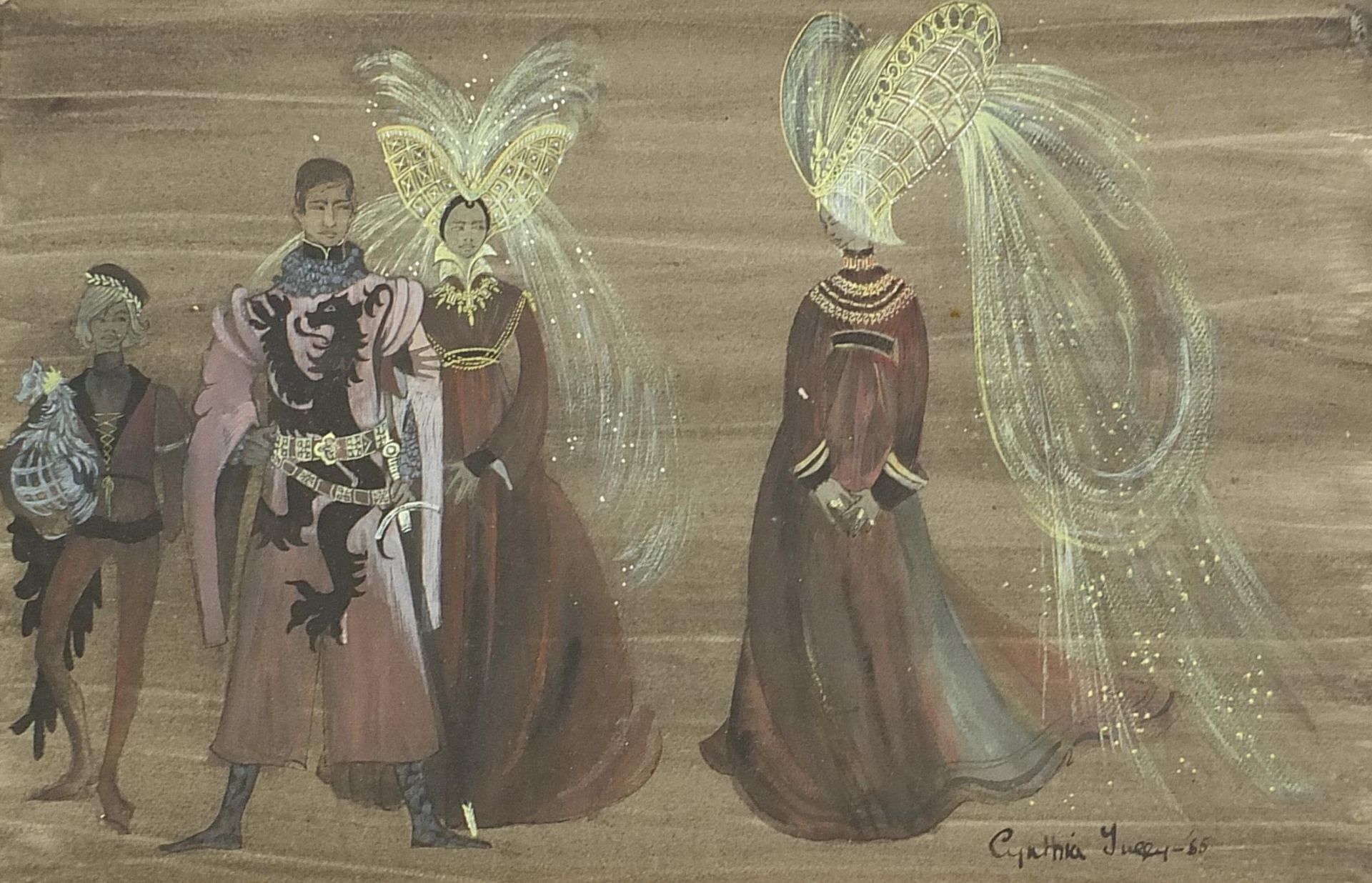 Cynthia Jaigey? - Figures in costume, pair of mixed medias, mounted, framed and glazed, each 54cm - Image 2 of 8