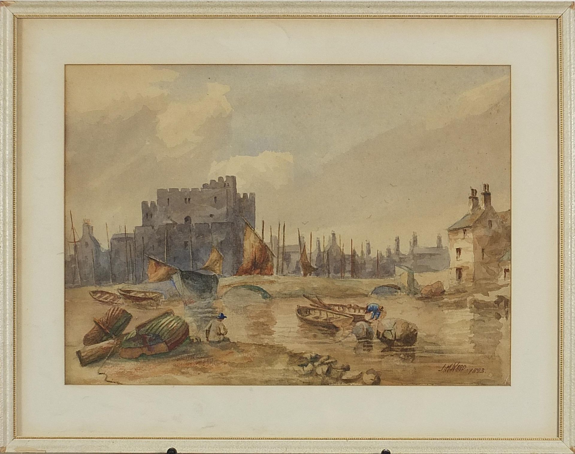 Manner of Samuel Prout - Continental river landscape with fishing boats, 19th century watercolour, - Image 2 of 4