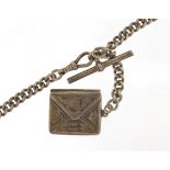 Graduated silver watch chain and stamp holder with engraved decoration, the chain 33.5cm in