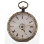 Kendal & Dent, ladies silver open face pocket watch with enamel dial, 40mm in diameter