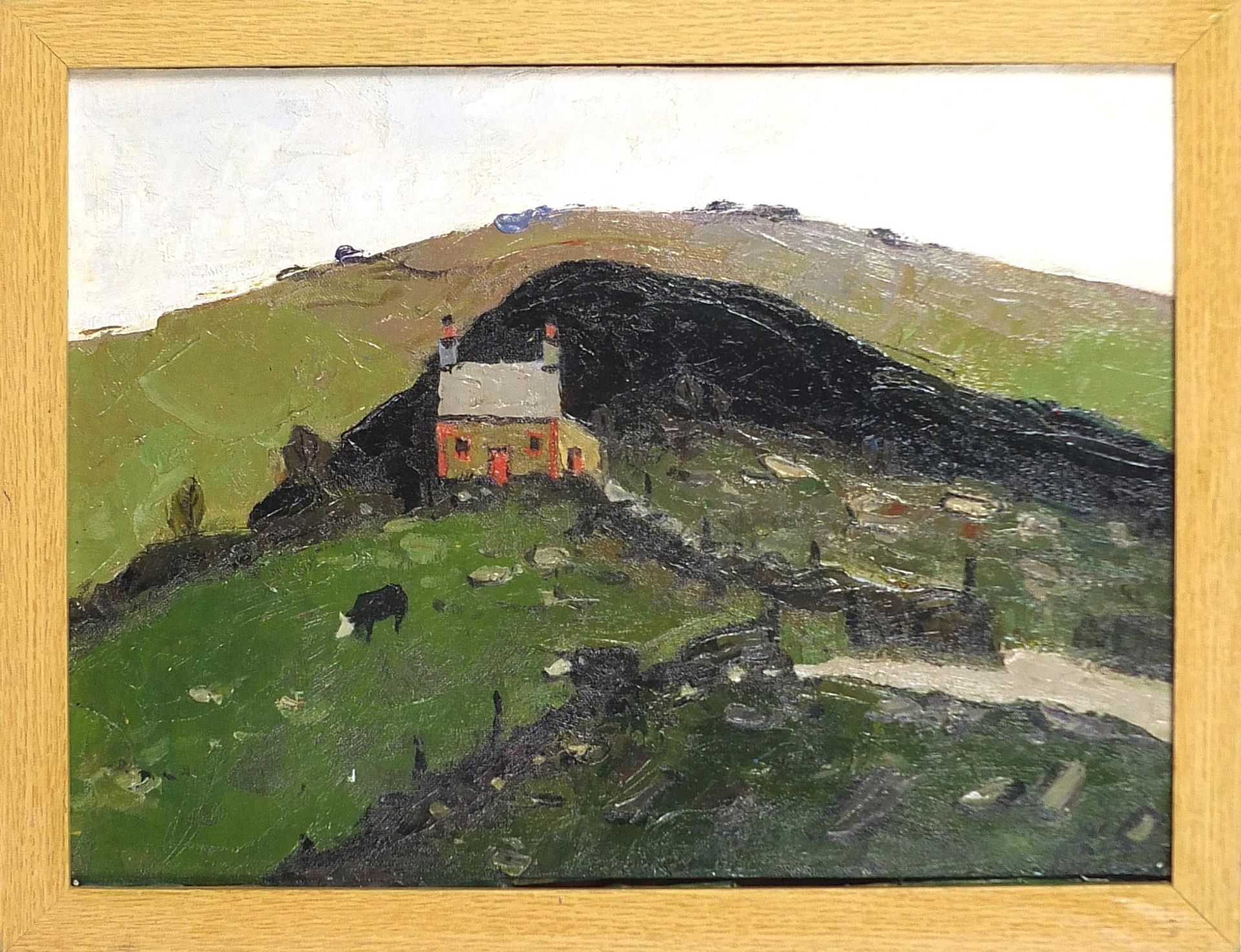 Manner of Kyffin Williams - Mountainous landscape with cattle, Welsh school oil on board, framed, - Image 2 of 4