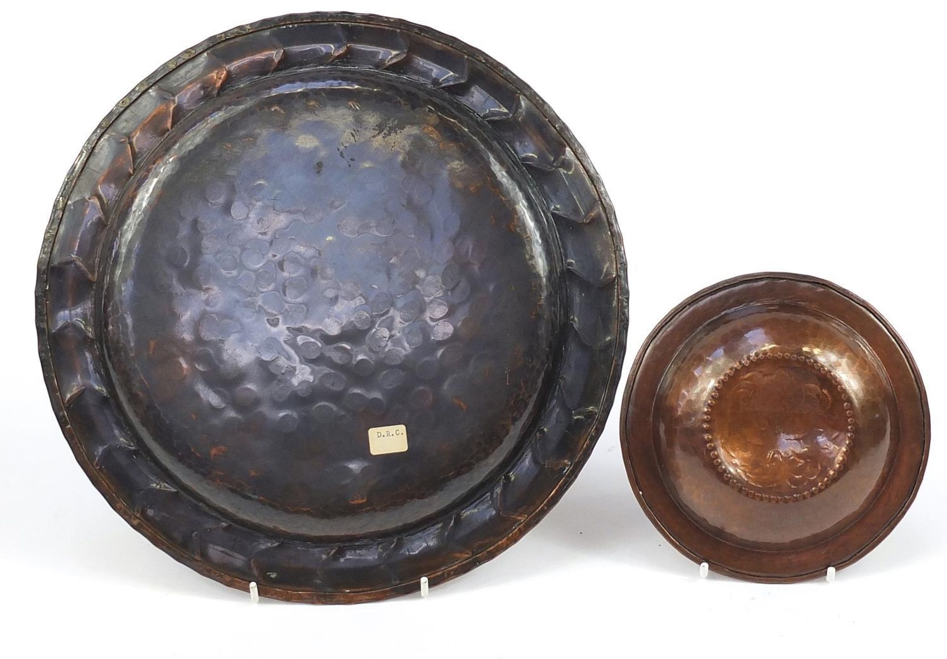 Hugh Wallis, Arts & Crafts copper and pewter plate and dish with floral motif, the largest 28.5cm in - Image 2 of 3