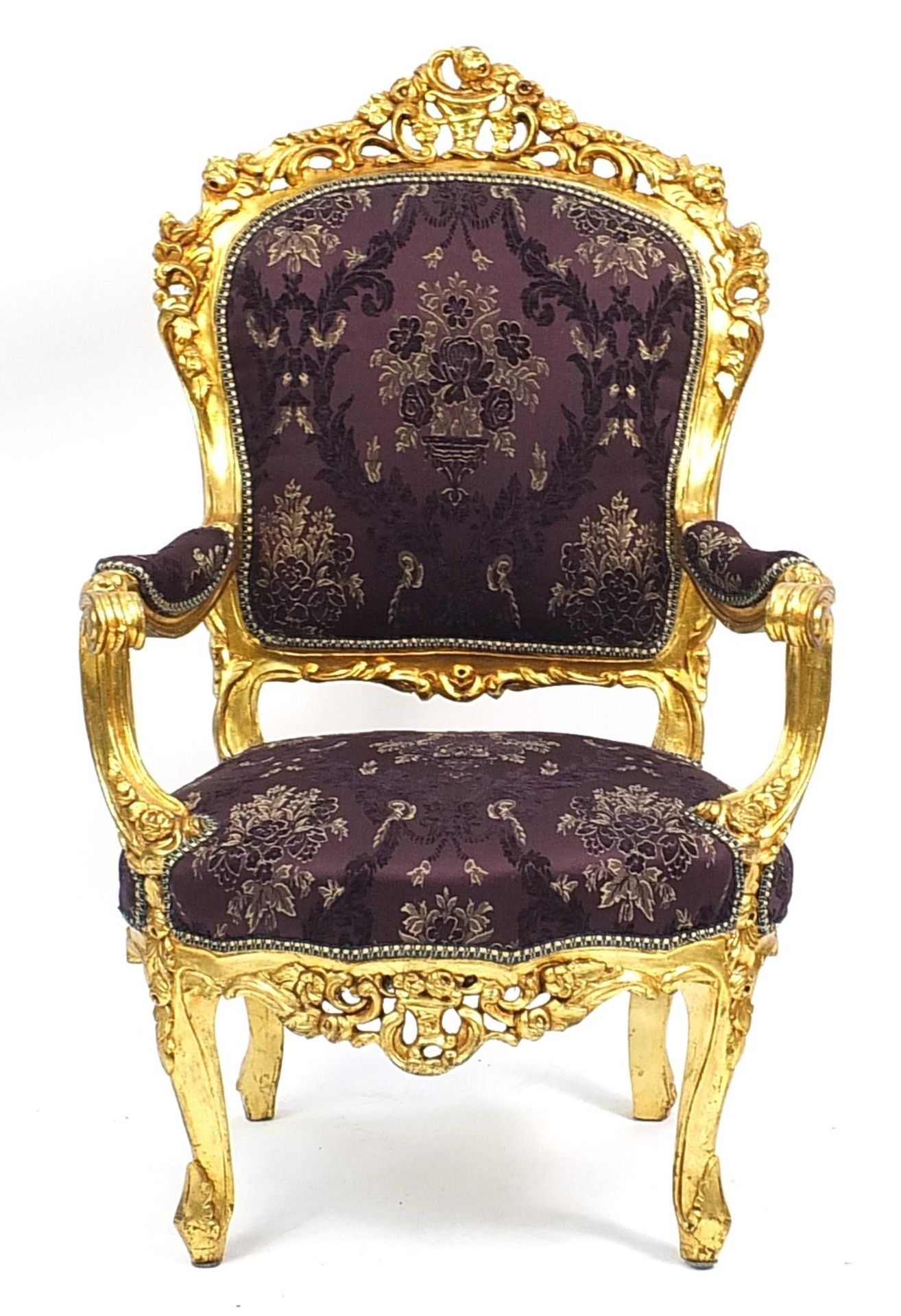 Ornate French style giltwood open armchair with purple floral upholstery, 112cm high - Image 2 of 3