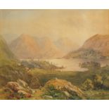E Drayton - Mountainous landscape with sheep, 19th century watercolour, mounted, framed and