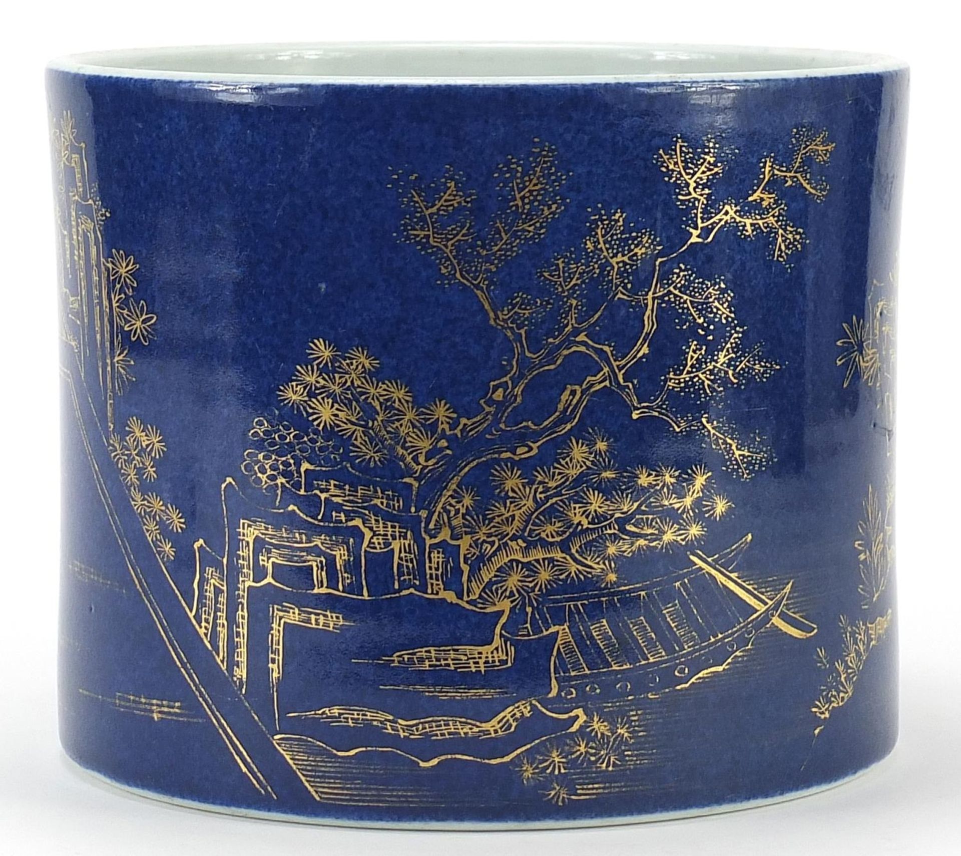 Chinese powder blue glazed porcelain brush pot hand painted in the famille verte palette and - Image 2 of 4