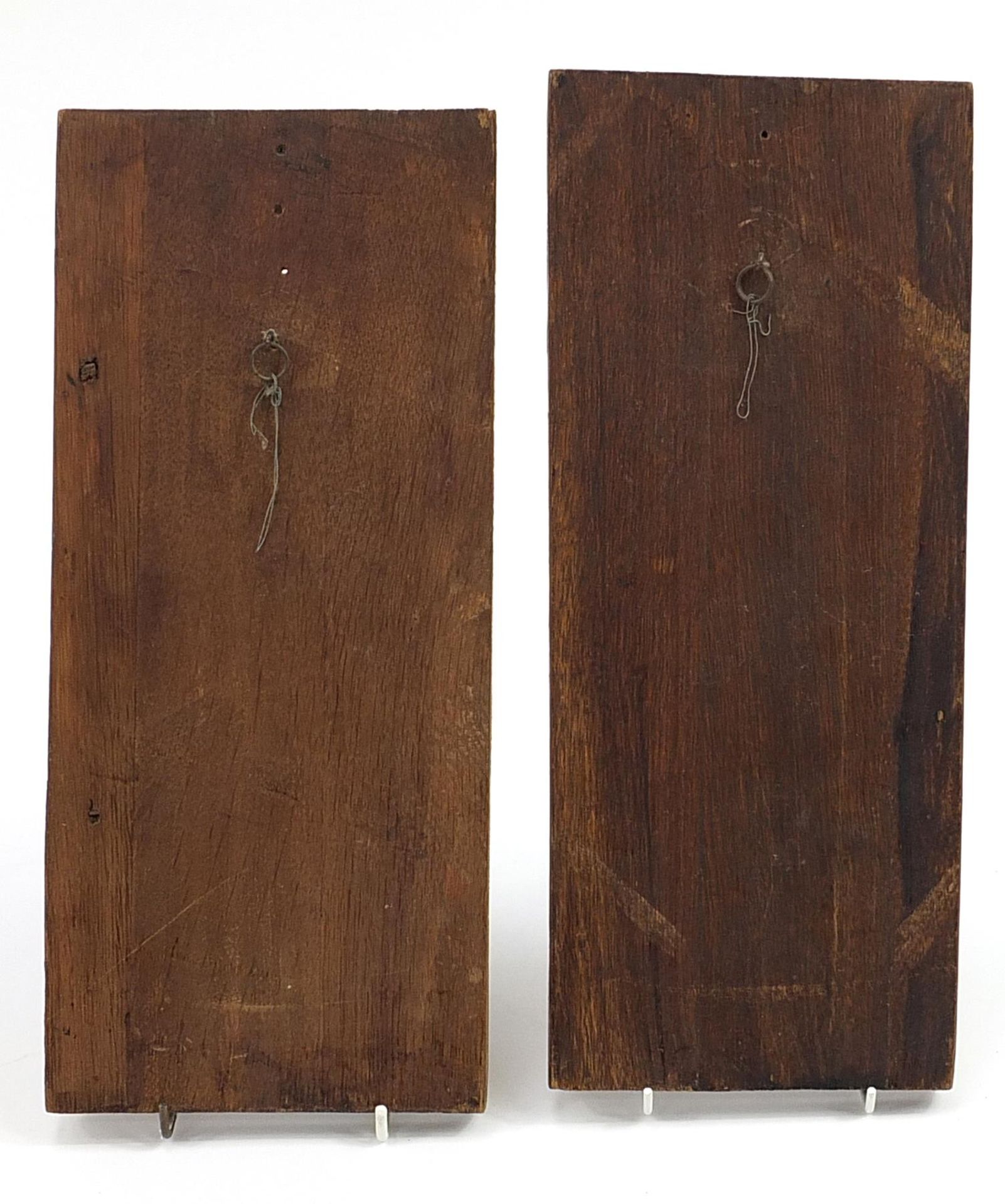 Two rectangular wooden moulds carved with figures in Elizabethan dress, each 38cm x 15.5cm - Image 2 of 2