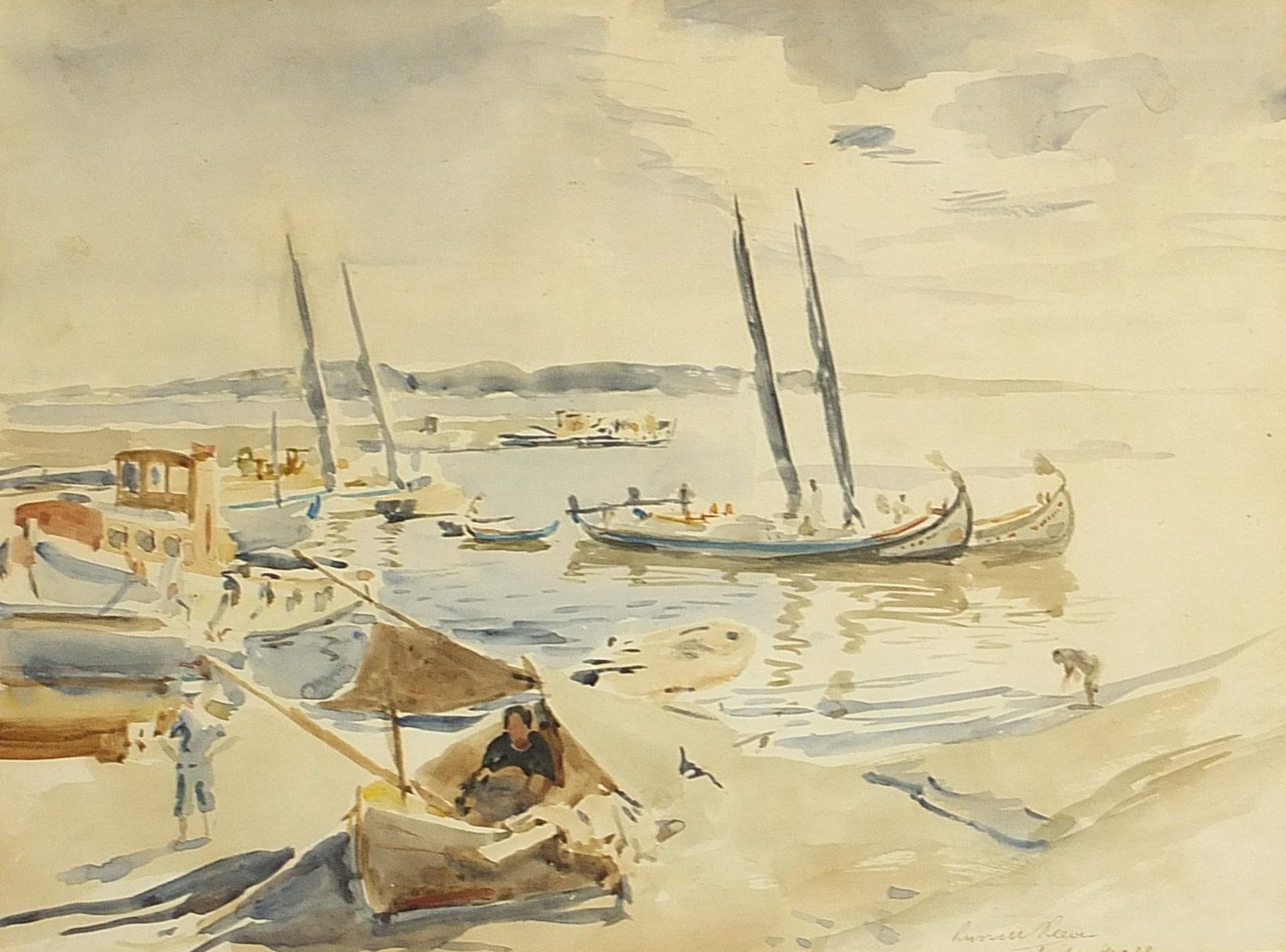 Russell Sidney Reeve - Moored boats with figures, ink and watercolour, indistinctly inscribed in