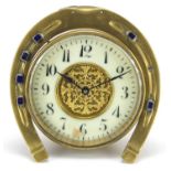 Edwardian brass horseshoe design mantle clock with enamelled dial having Arabic numerals, 12.5cm