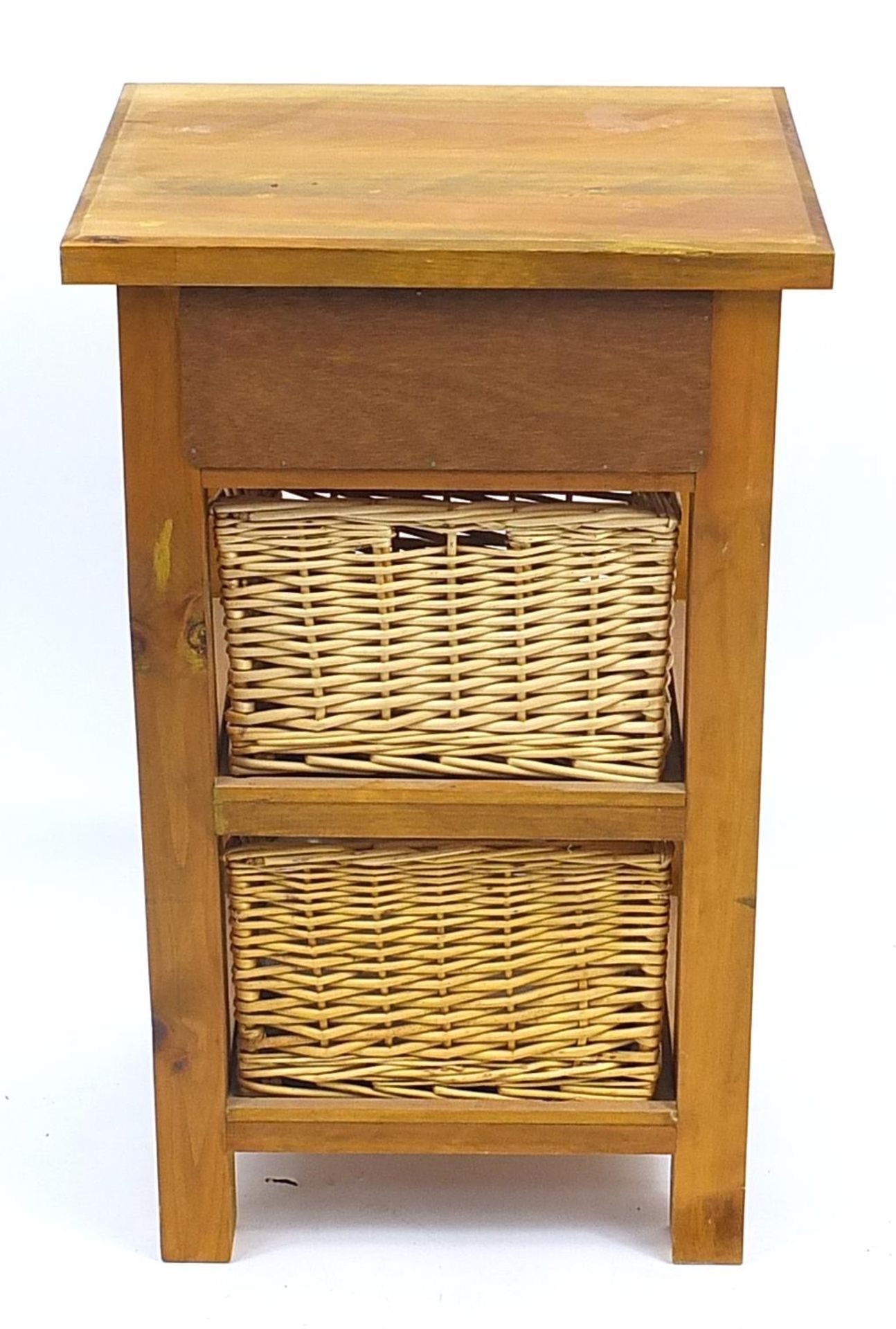 Pine side table with drawer and two wicker baskets, 80cm H x 50cm W x 40cm D - Image 3 of 3