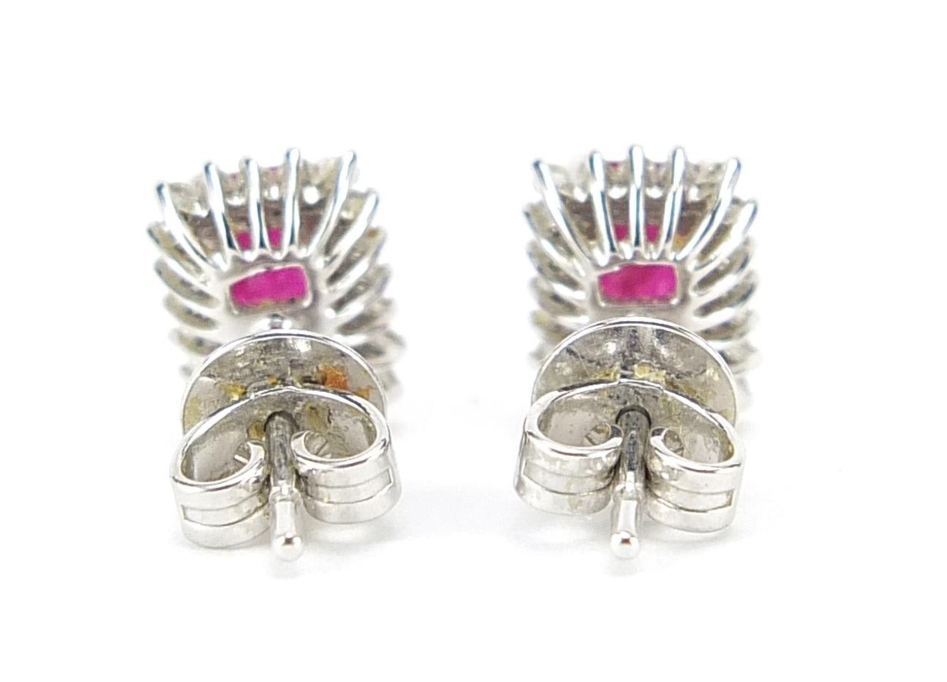 Pair of 9ct white gold ruby and diamond cluster stud earrings, 9mm high, 1.8g - Bild 2 aus 2
