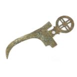 Chinese/Islamic patinated bronze axe head, 26cm in length