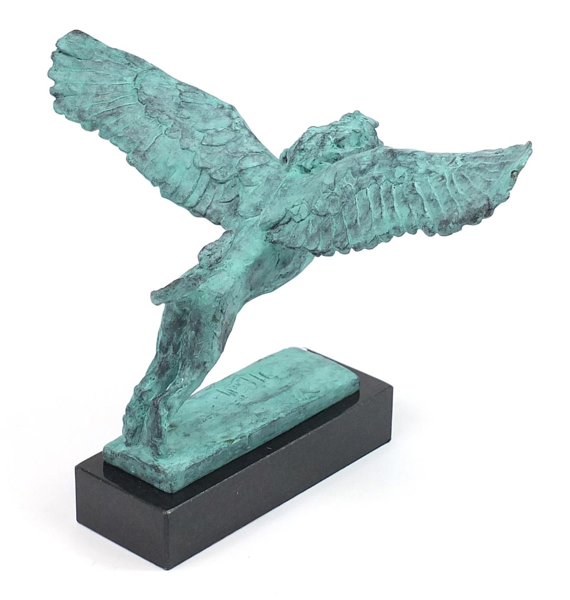 Mark Coreth for McArthur Glen Group, verdigris bronze study of a winged lion raised on a rectangular - Image 4 of 5