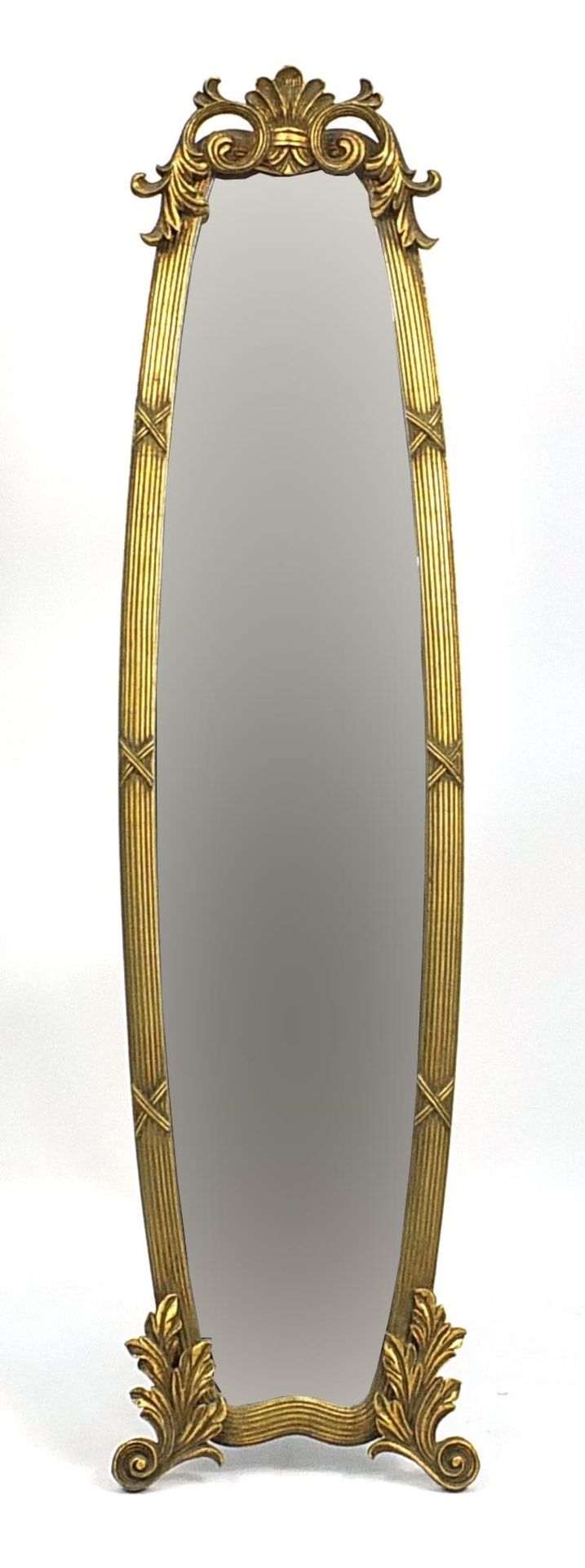 Gilt framed cheval mirror, 145cm high x 34.5cm wide