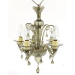 Venetian smoked glass five branch chandelier with drops