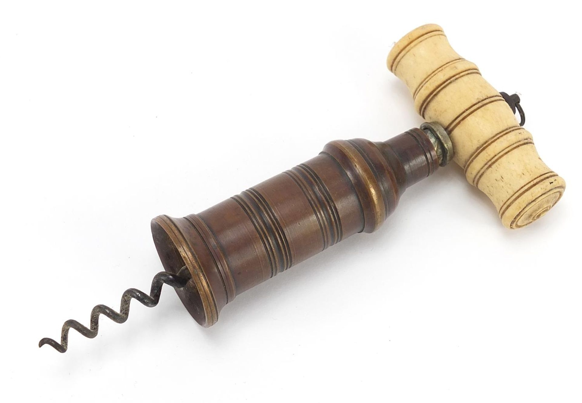 19th century brass corkscrew with bone handle, 18cm in length