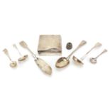 Georgian and later silver objects including cigarette box and fish knife and spoons, the largest