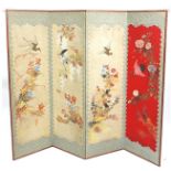 Chinese four section folding dressing screen painted with birds of paradise amongst flowers, 169cm